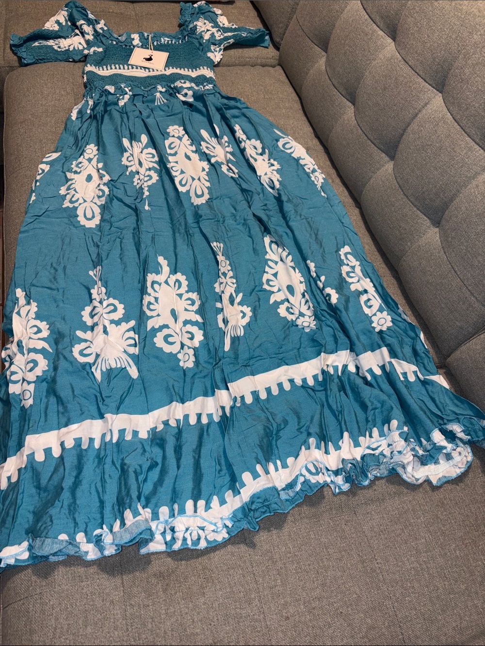 Teal and White Maxi Dress - Women's Floral Smocked Bodice